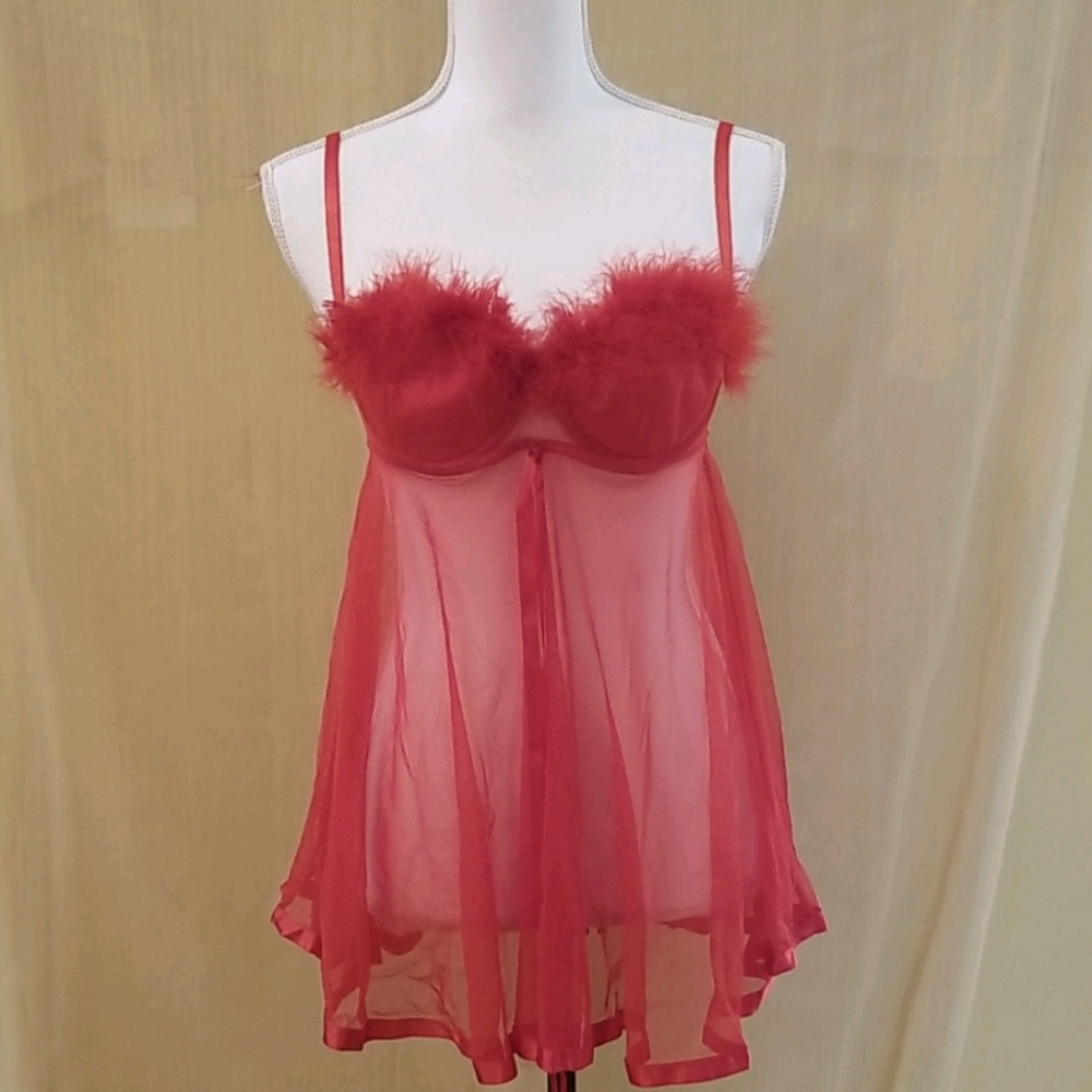 * Medium B cup Red baby doll sheer Gown and panty thong